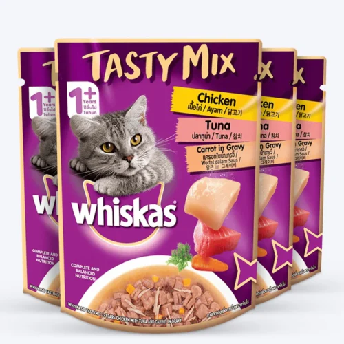 Whiskas Tasty Mix Wet Food Made With Real Fish(Tuna), Chicken & Carrot in Gravy For Adult (1+ year) Cat - 70 gm Pack
