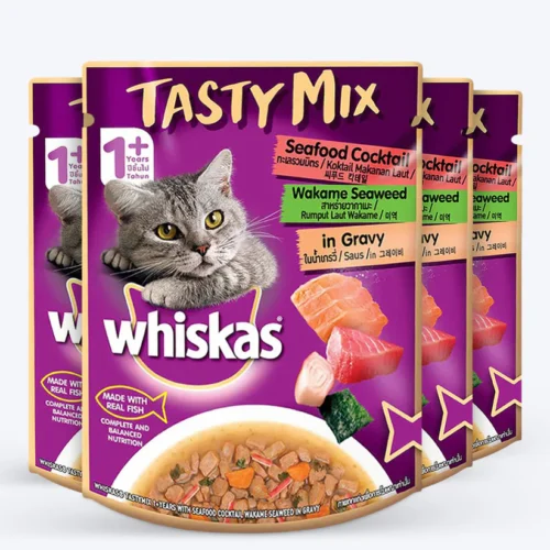 Whiskas Tasty Mix Wet Food Made With Real Fish (Seafood Cocktail & Wakame Seaweed) in Gravy For Adult (1+ year) Cat - 70 gm Pack