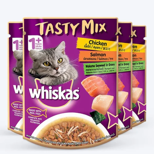 Whiskas Tasty Mix Wet Food Made With Real Fish (Salmon & Wakame Seaweed) With Chicken in Gravy For Adult (1+ year) Cat - 70 gm Pack