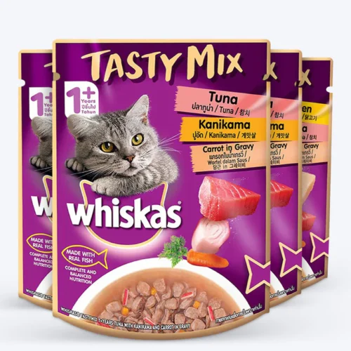 Whiskas Tasty Mix Wet Food Made With Real Fish (Tuna & Kanikama), And Carrot in Gravy For Adult (1+ year) Cat - 70 gm Pack