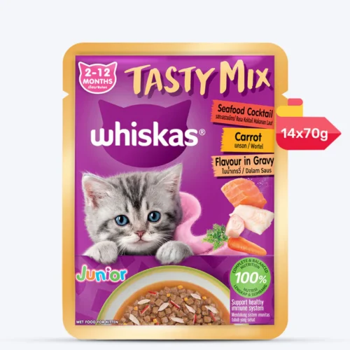Whiskas Tasty Mix Seafood Cocktail With Carrot In Gravy Wet Food For Junior (2-12 Months) Kitten- 14*70 gm Pack