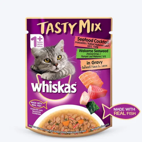 Whiskas Tasty Mix Wet Food Made With Real Fish (Seafood Cocktail & Wakame Seaweed) in Gravy For Adult (1+ year) Cat - 12x70 gm